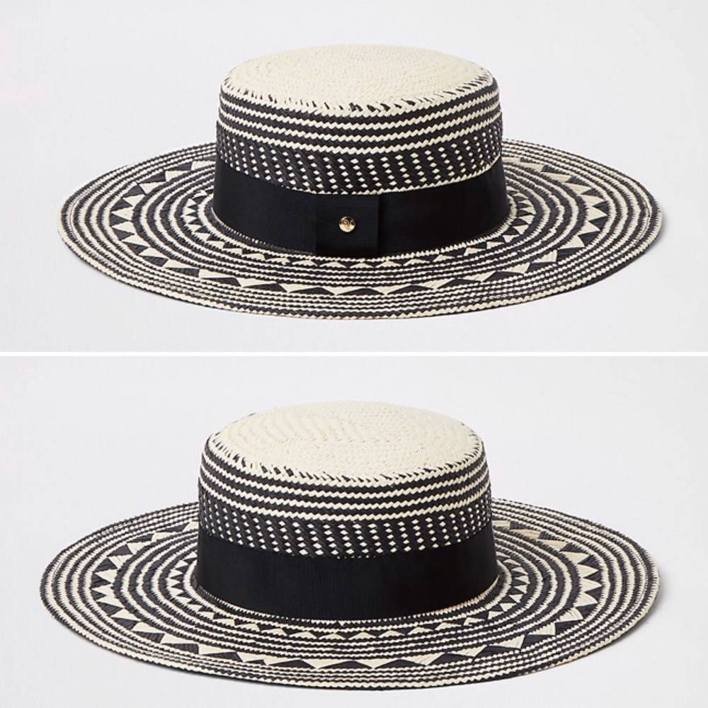 River Island Black Cream monochrome boater hat OS